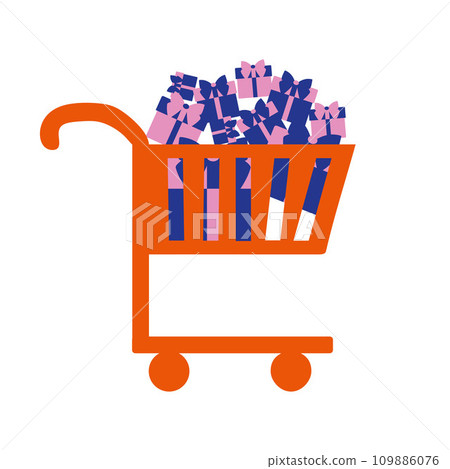 Shopping cart full of gift boxes. A contemporary style. Vector flat style illustration, isolated on white background. Square Element for Web design, Online sopping concept. Christmas or Sale template Shopping cart full of gift boxes. A contemporary style. Vector flat style illustration, isolated on white background. Square Element for Web design, Online sopping concept. Christmas or Sale template 109886076