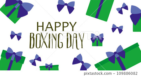 Happy boxing day Banner. Vector illustration with Trendy color gift boxes with bows and lettering phrase. Flat style Poster for Website. December Holiday Decoration, Flyer, Sale placard. 109886082