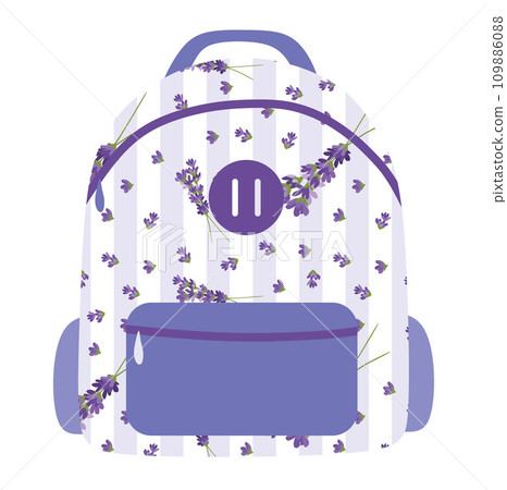 Pink backpack with banana print cartoon style. Flat Vector Accessory illustration. Kids or Girls school bag for Studying, Travelling. Design element for Decoration, Template, Sticker pack. 109886088