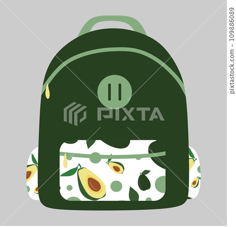 Vector illustration of Green Backpack with Avocado pattern. Green School bag isolated on white background. Flat style Cartoon Design element, College Accessory for Education. Banner, Sticker, Poster 109886089