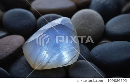 Natural precious moonstone on a gray background. Natural stone adularia 109886593