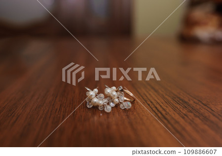 Diamond ring on a brown background. Earrings and ring on a brown background 109886607