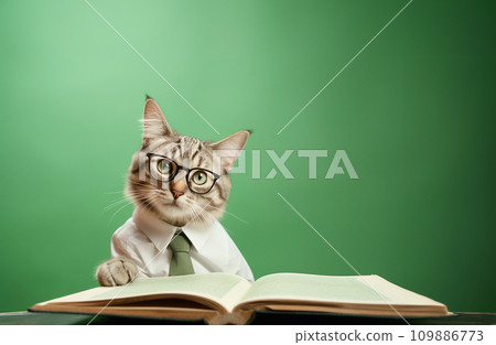 Intelligent cat wearing a tie and glasses AI generated image Intelligent cat wearing a tie and glasses AI generated image 109886773
