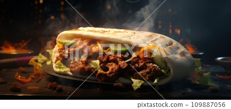 hot spicy vegetarian shawarma sandwich with smoke 109887056