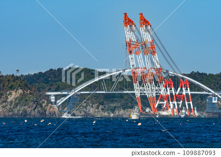 Miyagi Onagawa Dejima bridge construction using large crane ship 109887093