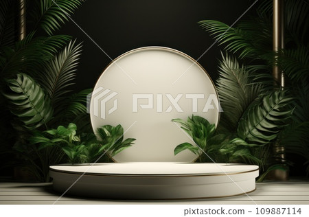 on a table with green plantation background a white pedestal 109887114