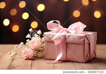 pink gift and flowers on wooden table happy new year pink gift and flowers on wooden table happy new year 109887130