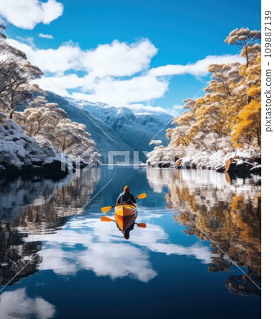 kayaker paddles down loch ness in snow and ice kayaker paddles down loch ness in snow and ice 109887139