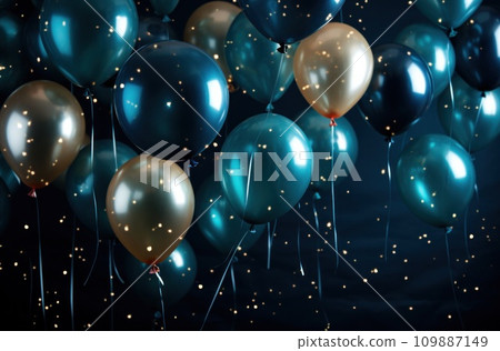 many blue balloons floating near dark background 109887149