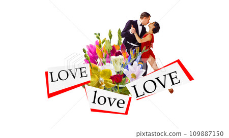 Contemporary art collage. Attractive lovely couple of dancers dancing behind inscriptions and flowers. Trendy magazine style. Concept of Valentines Day. Contemporary art collage. Attractive lovely couple of dancers dancing behind inscriptions and flowers. Trendy magazine style. Concept of Valentines Day. 109887150