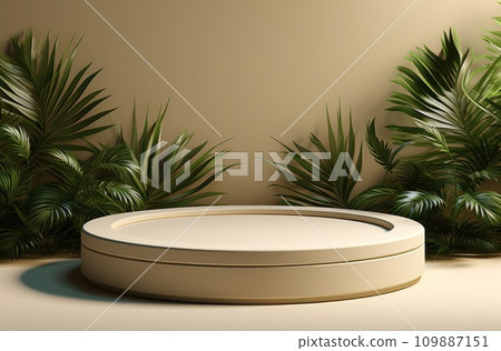 on a table with green plantation background a white pedestal on a table with green plantation background a white pedestal 109887151