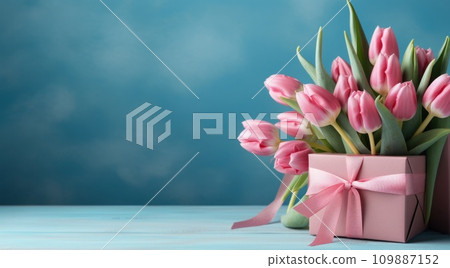 pink box with pink tulips on the blue background pink tulips pink box with pink tulips on the blue background pink tulips 109887152