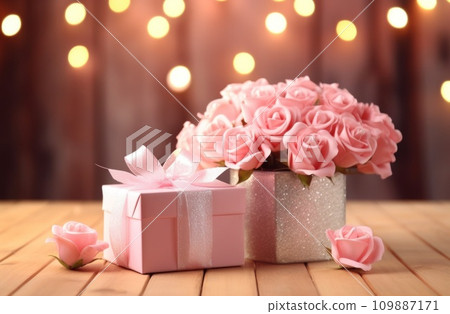 pink gift and flowers on wooden table happy new year pink gift and flowers on wooden table happy new year 109887171