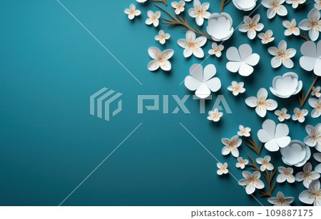 flowers arranged on a blue background with hearts placed on them flowers arranged on a blue background with hearts placed on them 109887175