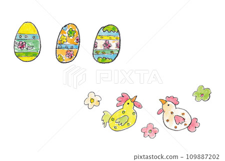 Illustration of birds and Easter eggs painted with transparent watercolors Illustration of birds and Easter eggs painted with transparent watercolors 109887202