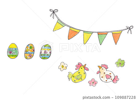 透明水彩繪製的鳥類、復活節彩蛋和三角形旗幟的插圖集 透明水彩繪製的鳥類、復活節彩蛋和三角形旗幟的插圖集 109887228