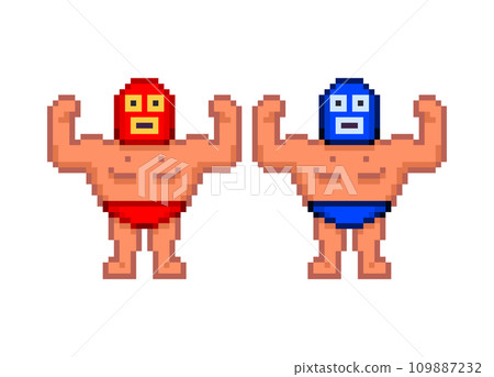 紅色和藍色摔角手的像素插圖 紅色和藍色摔角手的像素插圖 109887232