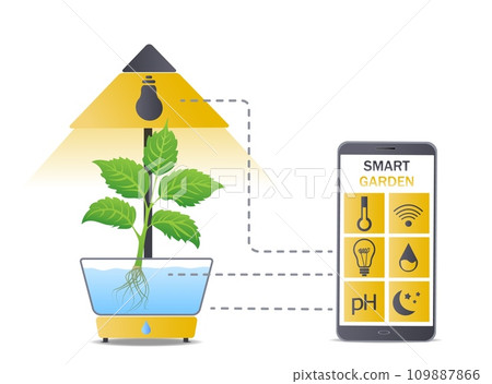 Portable hydroponic aeroponic system for eco-friendly growing of green lettuce, vegetables and herbs. With automatic smart watering system and lighting. Remote control from smartphone. Organic garden Portable hydroponic aeroponic system for eco-friendly growing of green lettuce, vegetables and herbs. With automatic smart watering system and lighting. Remote control from smartphone. Organic garden 109887866