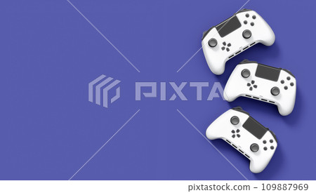 Realistic white video game joysticks or gamepads on violet background. 3D rendering of streaming gear for cloud gaming and gamer workspace concept Realistic white video game joysticks or gamepads on violet background. 3D rendering of streaming gear for cloud gaming and gamer workspace concept 109887969