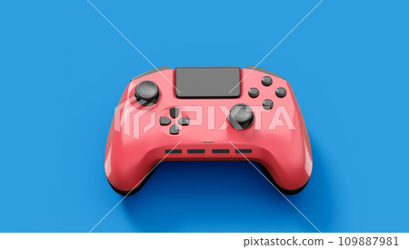 Realistic red video game joysticks or gamepads on blue background. 3D rendering of streaming gear for cloud gaming and gamer workspace concept 109887981