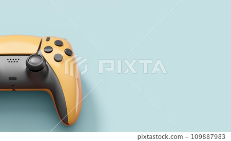 Realistic yellow video game joysticks or gamepads on grey background. 3D rendering of streaming gear for cloud gaming and gamer workspace concept 109887983