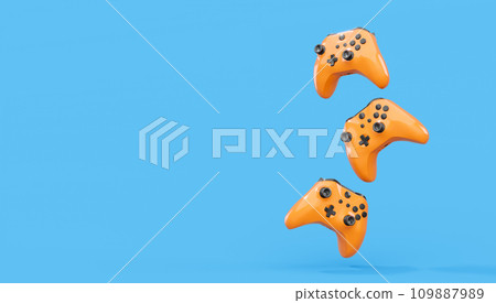 Realistic blue yellow video game joysticks or gamepads on blue background. 3D rendering of streaming gear for cloud gaming and gamer workspace concept Realistic blue yellow video game joysticks or gamepads on blue background. 3D rendering of streaming gear for cloud gaming and gamer workspace concept 109887989