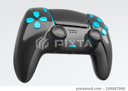 Realistic black video game joystick or gamepad with color buttons on white background. 3D rendering of streaming gear for cloud gaming and gamer workspace concept 109887990