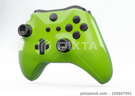 Realistic green video game joystick or gamepad on white background. 3D rendering of streaming gear for cloud gaming and gamer workspace concept Realistic green video game joystick or gamepad on white background. 3D rendering of streaming gear for cloud gaming and gamer workspace concept 109887991