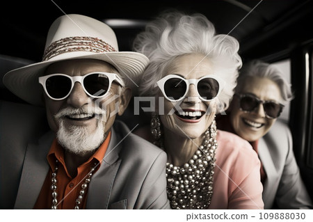 AI-generated content. Happy elderly people in sunglasses walking around city 109888030