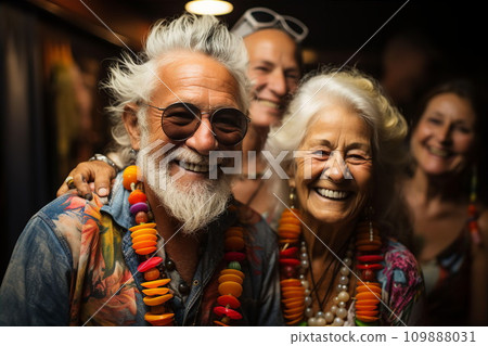 AI-generated content. Elderly people in stylish clothes and sunglasses at party or disco 109888031