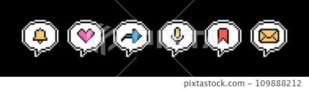 Pixel art speech bubble stickers. Used for social networks, instant messengers and podcasts. 8 bit vector illustration on black background. 109888212