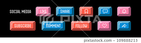 Pixel art buttons pack. 8 bit elements are suitable for social networks, podcasts and games. Vector illustration on a white background. Pixel art buttons pack. 8 bit elements are suitable for social networks, podcasts and games. Vector illustration on a white background. 109888213