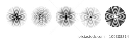Sound ripple of a circular wave pack. Radio signal or splash of water. Isolated set of vector elements on white background. 109888214
