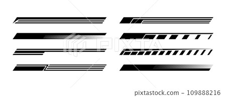 Racing stripes for car tuning pack. Stickers for covering car bodies. Isolated vector illustration on white background. Racing stripes for car tuning pack. Stickers for covering car bodies. Isolated vector illustration on white background. 109888216