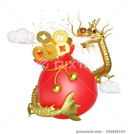 Chinese gold coins in bag with dragon, cloud. chinese new year 2024 capricorn. 3d render illustration 109888334