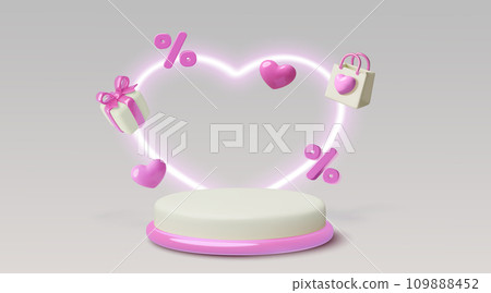 Realistic vector podium with neon heart and flying pink 3D objects. Romantic sale and discount scene Realistic vector podium with neon heart and flying pink 3D objects. Romantic sale and discount scene 109888452