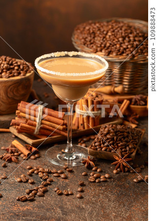 Chocolate martini cocktail or Irish cream liquor on a brown background. 109888473