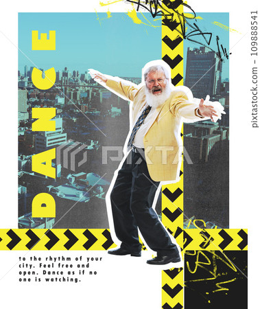 Senior stylish man dancing. Dance class, social dance invitation, event. Contemporary art collage. Poster in retro style 109888541