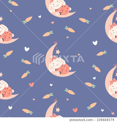 Seamless pattern with little sleeping bunny with pajamas on moon on blue background. Vector illustration for design, wallpaper, packaging, textile. Kids collection. Seamless pattern with little sleeping bunny with pajamas on moon on blue background. Vector illustration for design, wallpaper, packaging, textile. Kids collection. 109888574