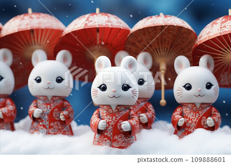 AI-generated content. Asian Rabbit Figurines with Red Jackets, Umbrellas in Snow, Falling Snowflakes. 109888601
