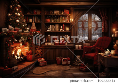 AI-generated content. Christmas interior with bookshelves, fireplace, Christmas tree, gift boxes 109888813