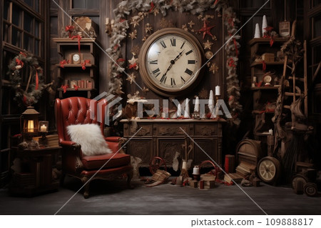 AI-generated content. Christmas interior with bookshelves, fireplace, Christmas tree, gift boxes 109888817