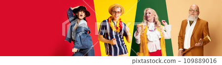 Collage. Stylish happy people, men and women celebrating holidays, events over multicolored background. Happiness, vacation 109889016