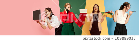 Collage. Different young women using various gadgets for work, communication and education over multicolored background. 109889035
