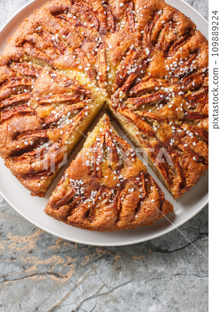 Authentic Norwegian apple cake Eplekake delicious dessert that perfect for autumn on a plate close-up. Vertical top view 109889224