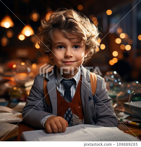 AI-generated content. Portrait of handsome little boy child with school backpack on shoulders with books 109889283