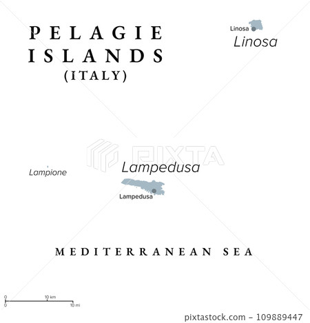 Pelagie Islands with Lampedusa, Linosa and Lampione, gray political map. Archipelago of small islands located in the Mediterranean Sea between Malta and Tunisia, south of Sicily and Strait of Sicily. 109889447