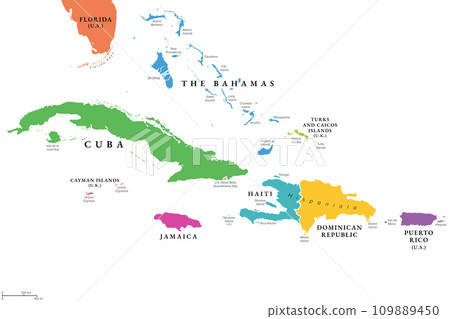 Greater Antilles in the Caribbean, multicolored political map. Grouping of larger islands in the Caribbean Sea, including Cuba, Hispaniola, Puerto Rico, Jamaica, Navassa Island and the Cayman Islands. Greater Antilles in the Caribbean, multicolored political map. Grouping of larger islands in the Caribbean Sea, including Cuba, Hispaniola, Puerto Rico, Jamaica, Navassa Island and the Cayman Islands. 109889450