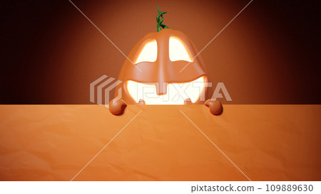 Halloween Funny Lantern Jack Pumpkin Peeking out From Behind the Wall. 3D Illustration. 109889630