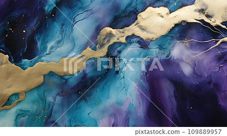 Marbled blue green and golden abstract background. Liquid marble wave ink pattern. Marbled blue green and golden abstract background. Liquid marble wave ink pattern. 109889957